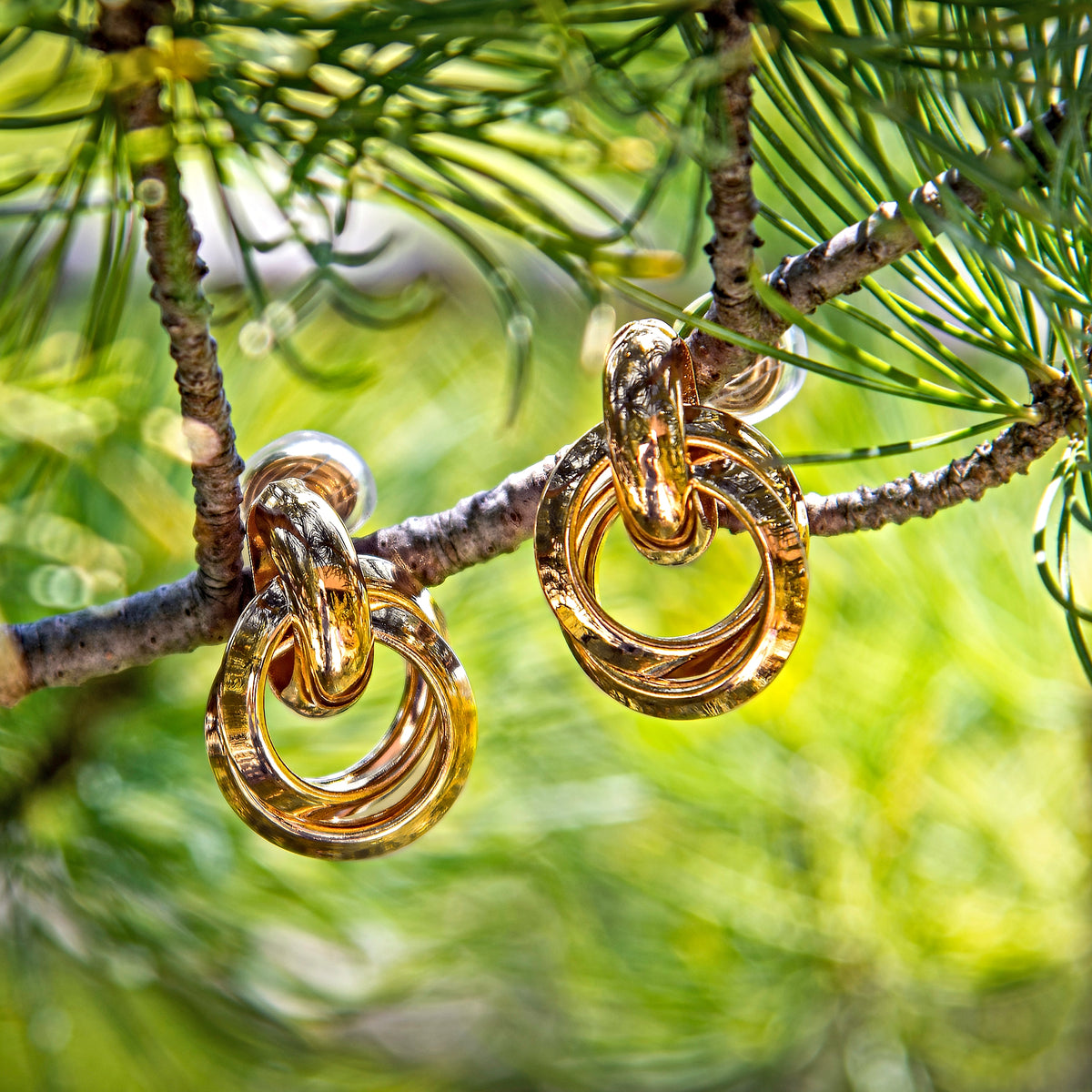 Gold Dangle Triple Hoop Clip on Earrings