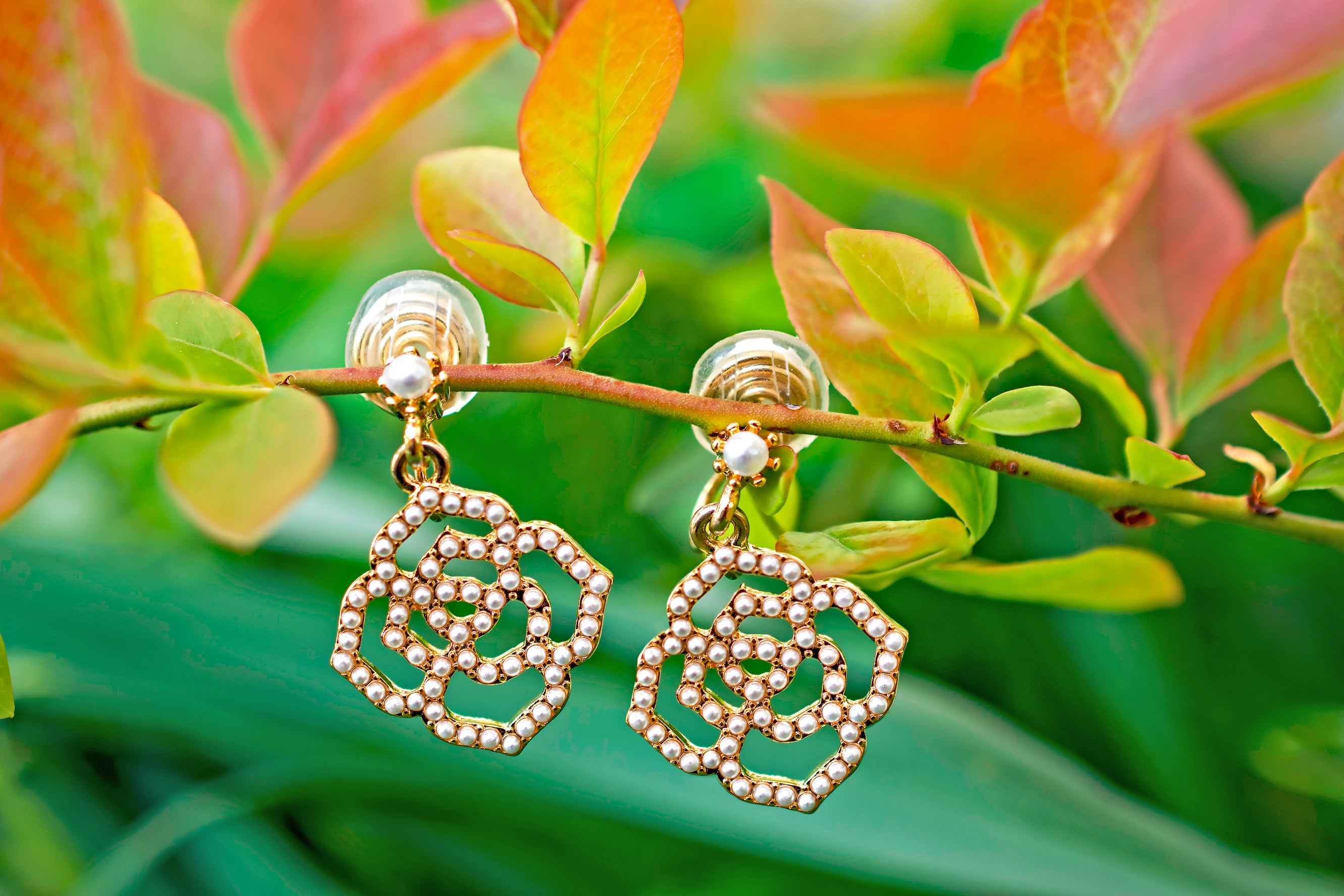 Dainty Clip On Earrings with Pearl Rose Flower Design