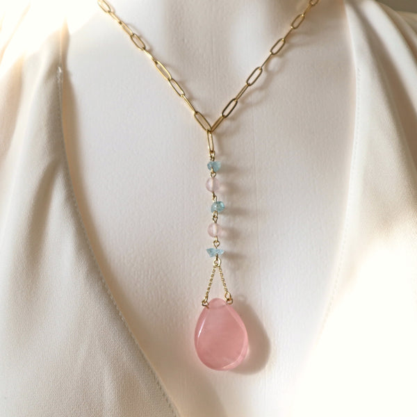 Rose Quartz Aquamarine Long Drop Gold Necklace