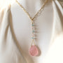 Rose Quartz Aquamarine Long Drop Gold Necklace