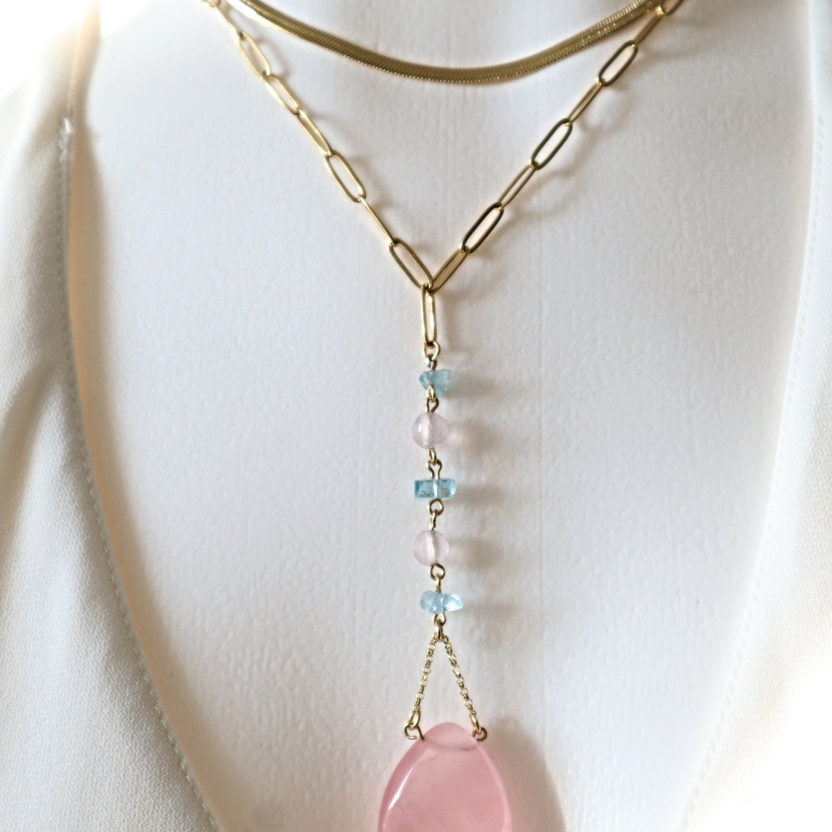 Rose Quartz Aquamarine Long Drop Gold Necklace