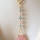 Rose Quartz Aquamarine Long Drop Gold Necklace