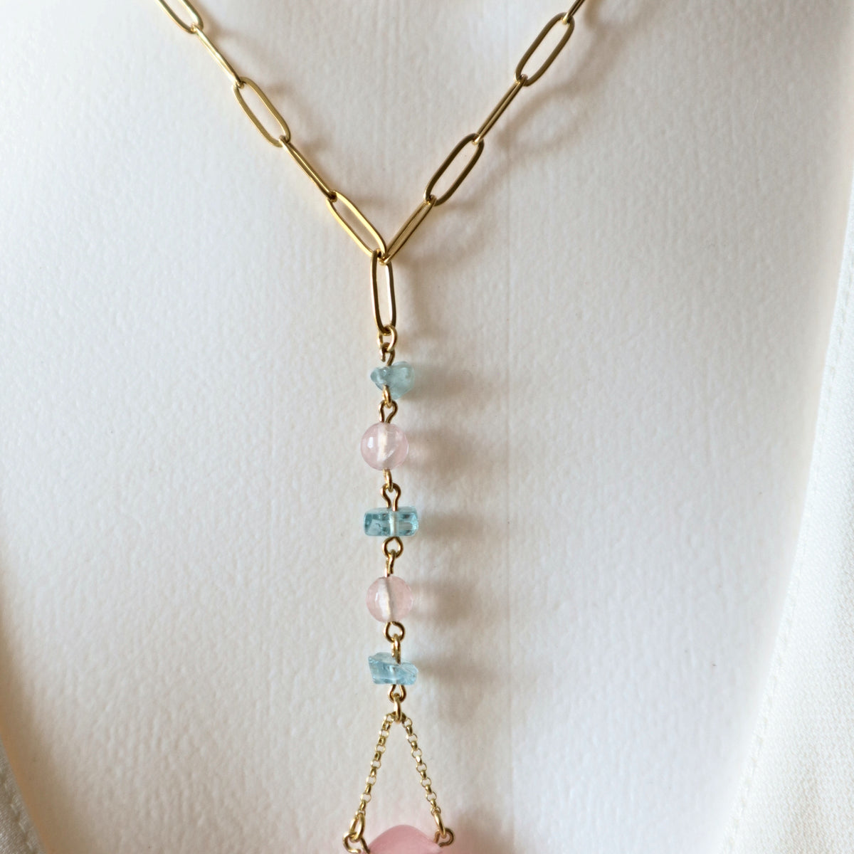 Rose Quartz Aquamarine Long Drop Gold Necklace