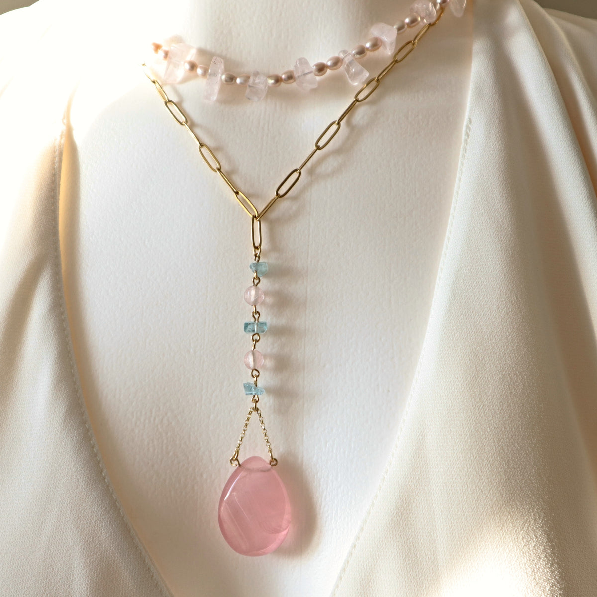 Rose Quartz Aquamarine Long Drop Gold Necklace