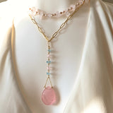 Rose Quartz Aquamarine Long Drop Gold Necklace