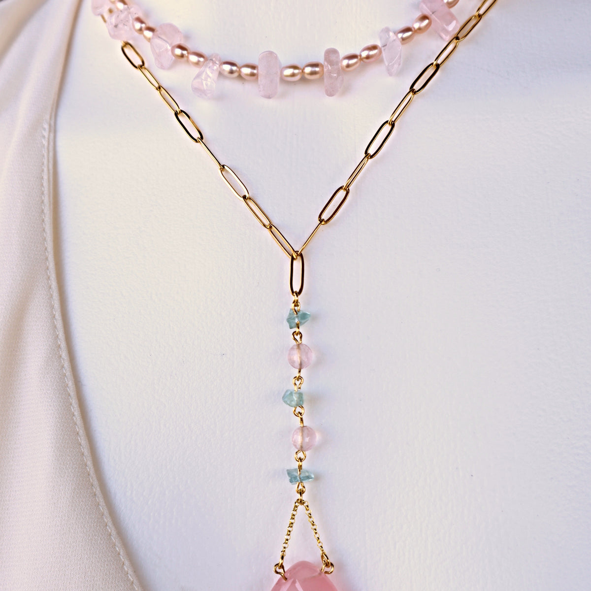 Rose Quartz Aquamarine Long Drop Gold Necklace