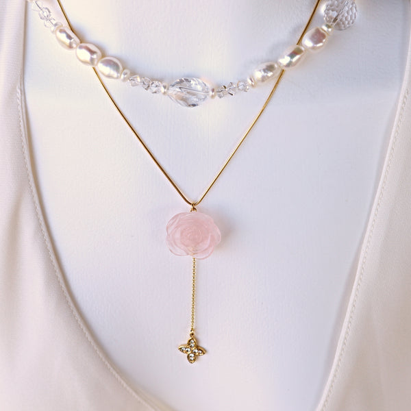 Rose Quartz Flower Necklace with charm