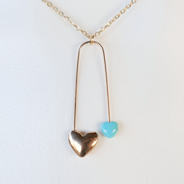 Turquoise heart safety pin necklace