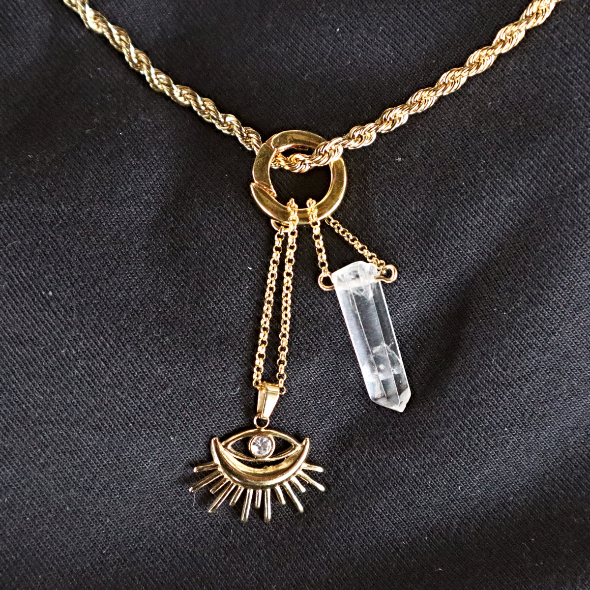 Raw Crystal Quartz with Sun Evil Eye Charm Gold Necklace