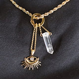 Raw Crystal Quartz with Sun Evil Eye Charm Gold Necklace