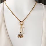 Raw Crystal Quartz with Sun Evil Eye Charm Gold Necklace