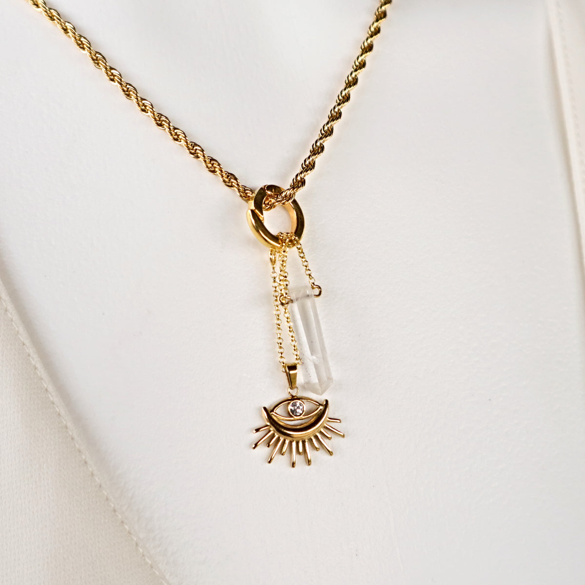 Raw Crystal Quartz with Sun Evil Eye Charm Gold Necklace