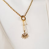 Raw Crystal Quartz with Sun Evil Eye Charm Gold Necklace