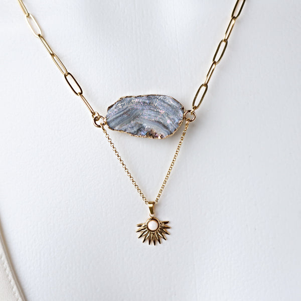 Raw Sparkling Druzy Agate Necklace with Sun Charm 