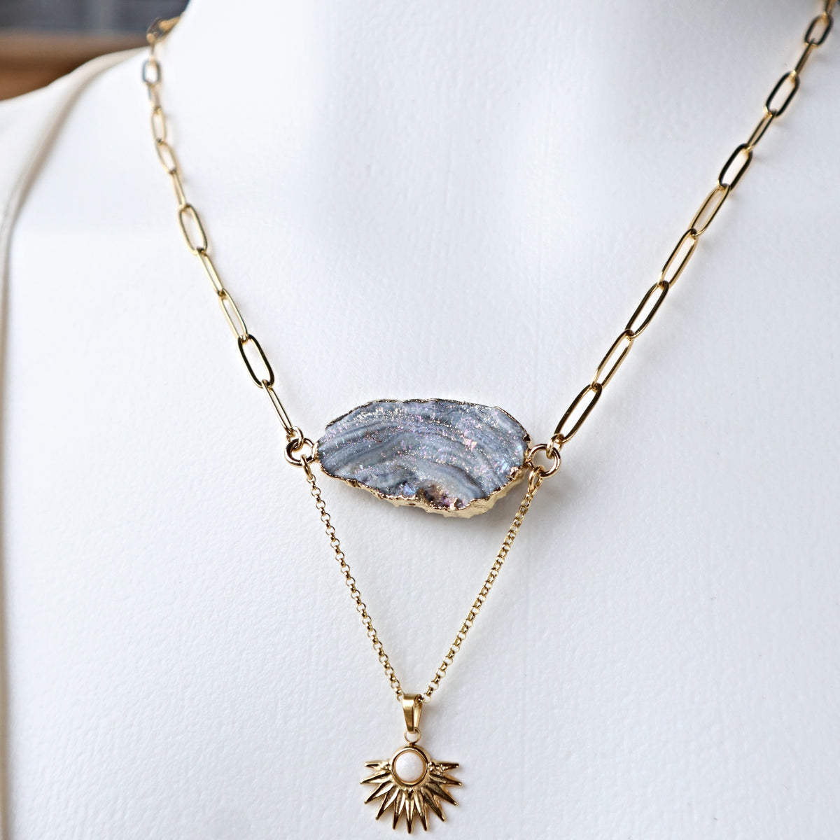 Raw Sparkling Druzy Agate Necklace with Sun Charm 