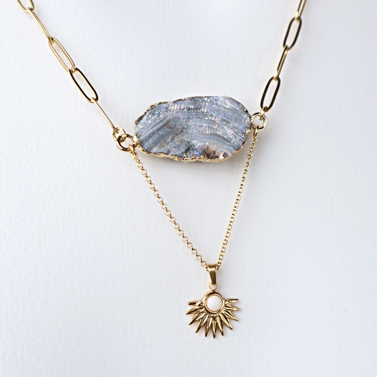 Raw Sparkling Druzy Agate Necklace with Sun Charm 