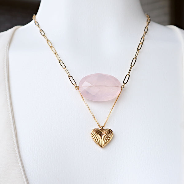 Rose Quartz Necklace with Gold Heart Charm