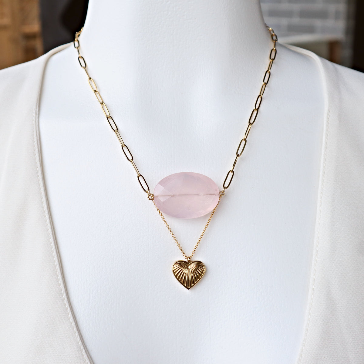 Rose Quartz Necklace with Gold Heart Charm