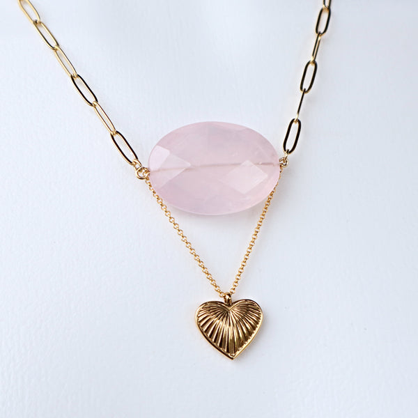 Rose Quartz Necklace with Gold Heart Charm