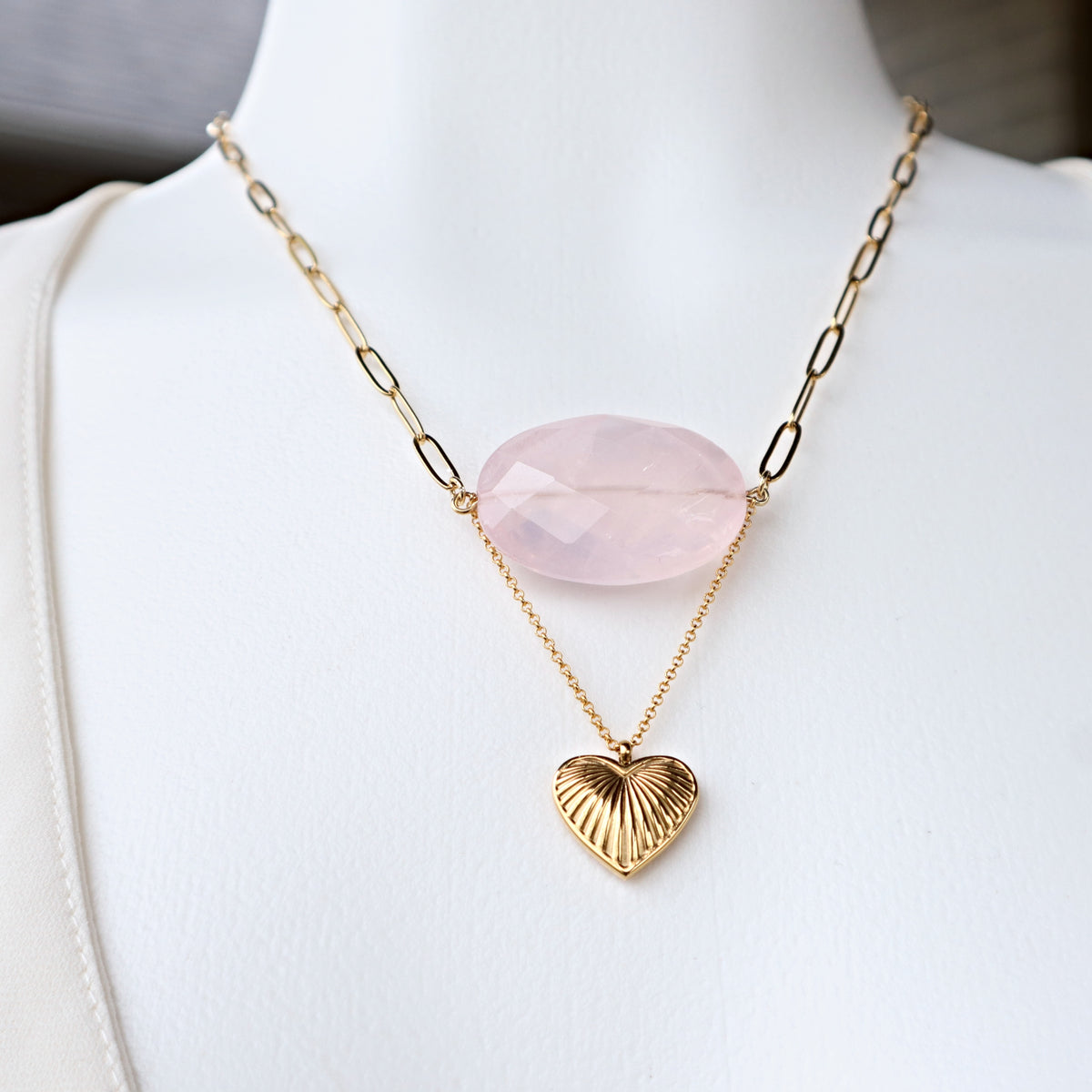 Rose Quartz Necklace with Gold Heart Charm