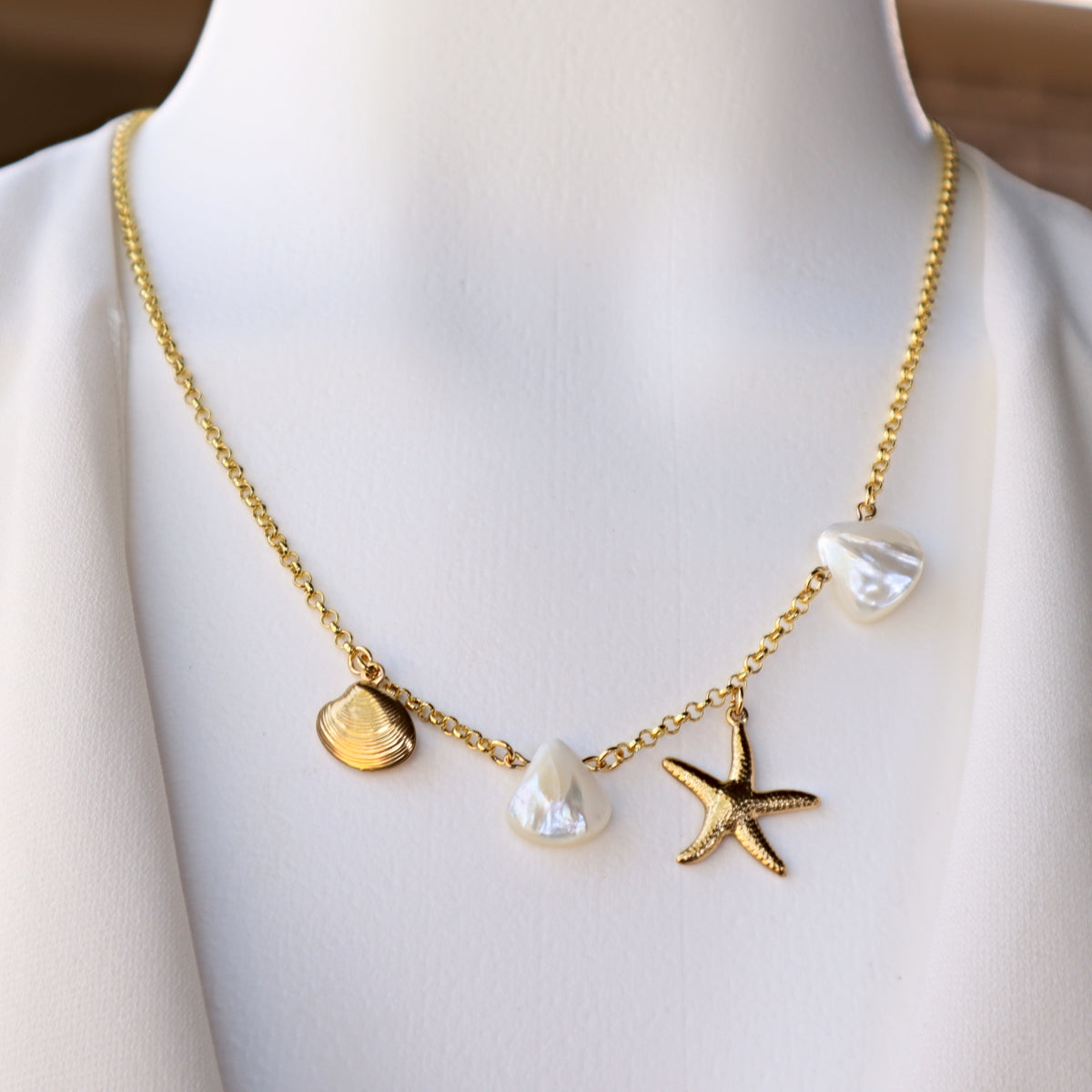 Starfish and Seashell Charms Necklace with Mother of Pearl shell Charms