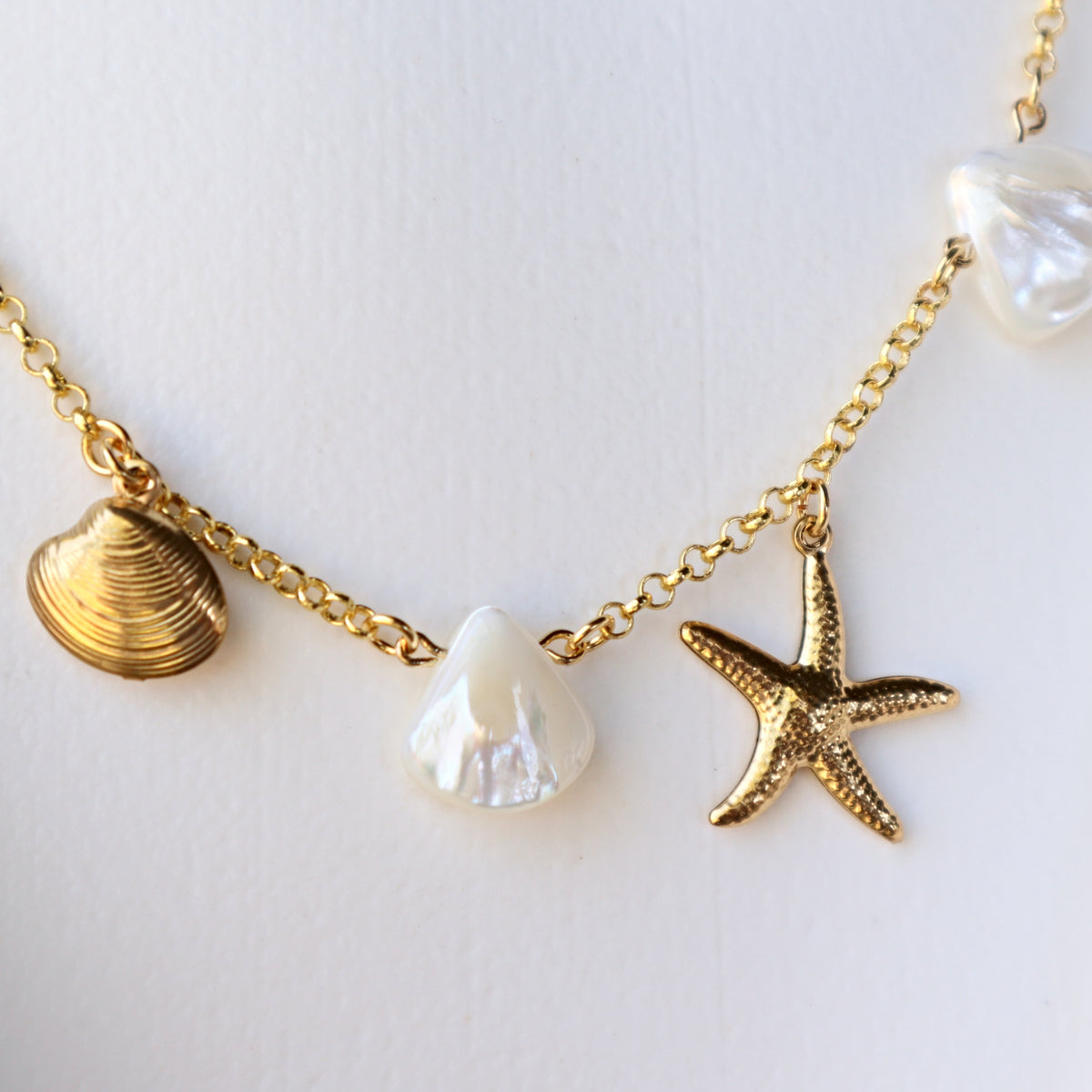 Starfish and Seashell Charms Necklace with Mother of Pearl shell Charms