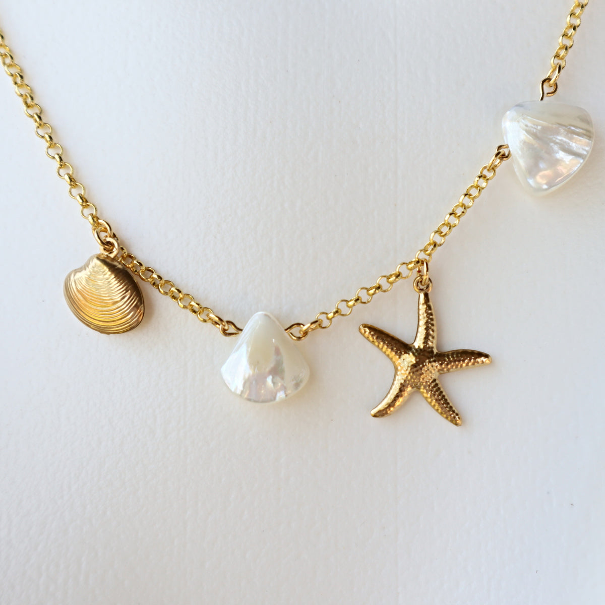 Starfish and Seashell Charms Necklace with Mother of Pearl shell Charms