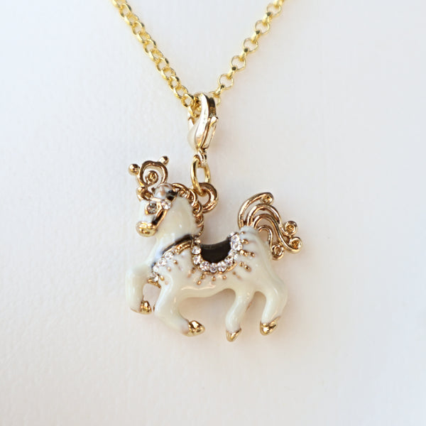 White Enamel Gold Horse Charm Necklace