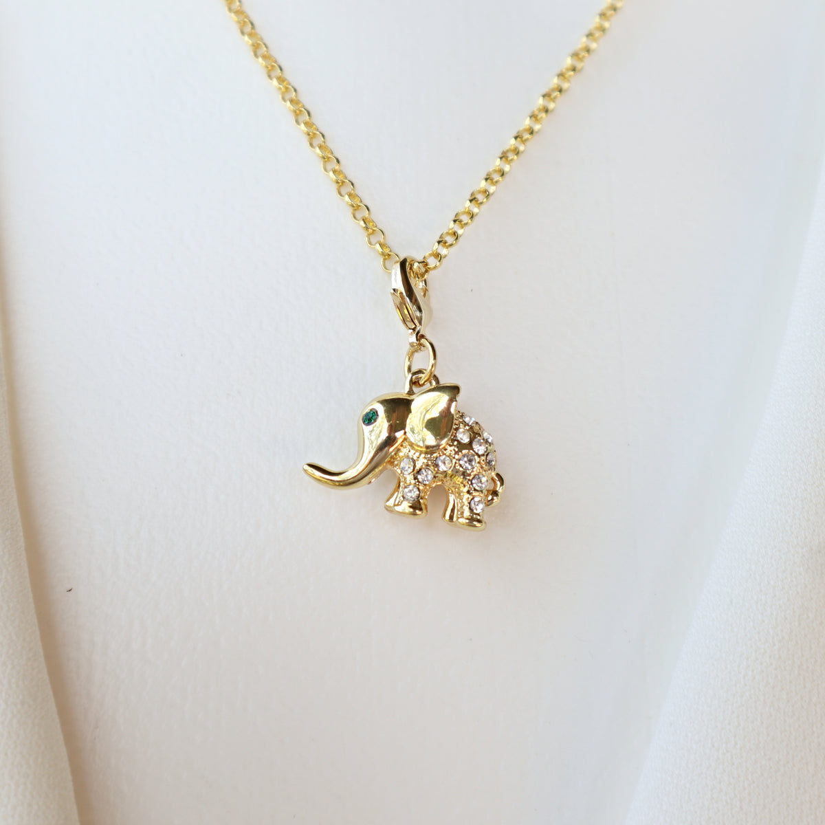 Gold Elephant Charm Necklace in Cubic Zirconia