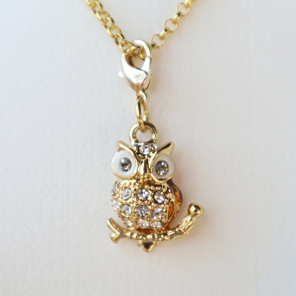 Gold Owl Charm Necklace in Cubic Zirconia