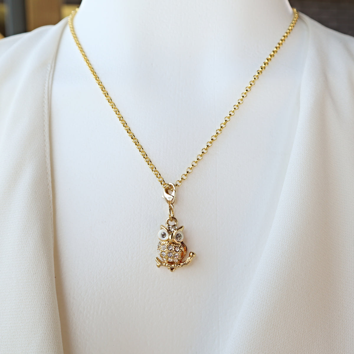 Gold Owl Charm Necklace in Cubic Zirconia