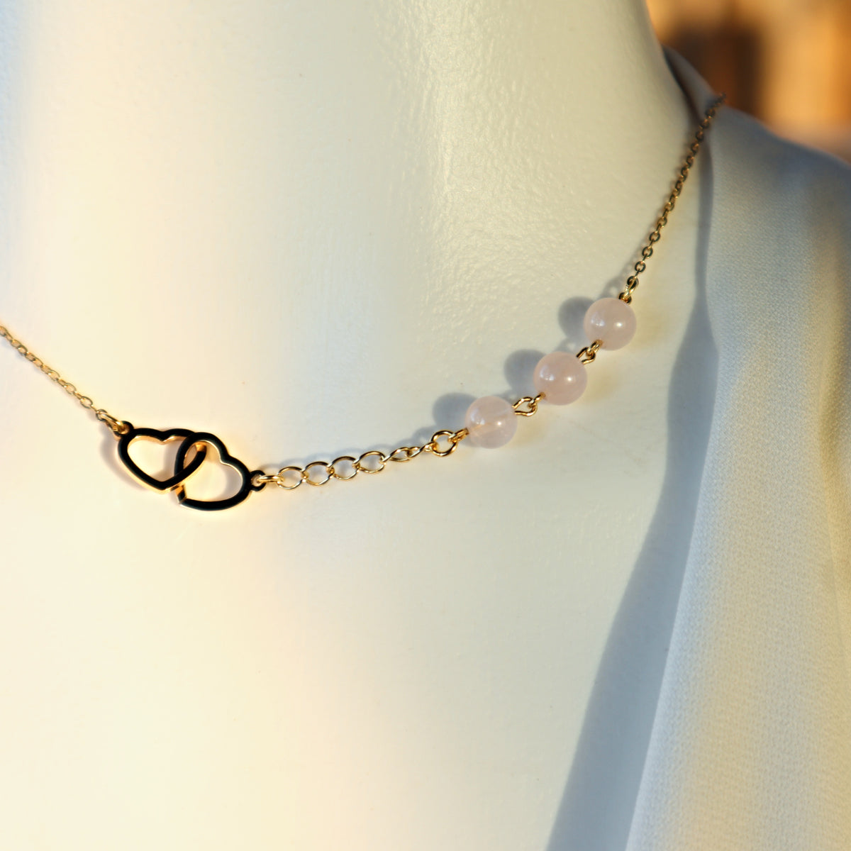 Inter linked Hearts and Rose Quartz Necklace