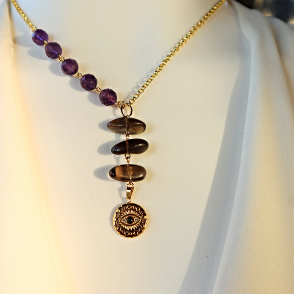 evil eye with amethyst and smoky quartz necklace