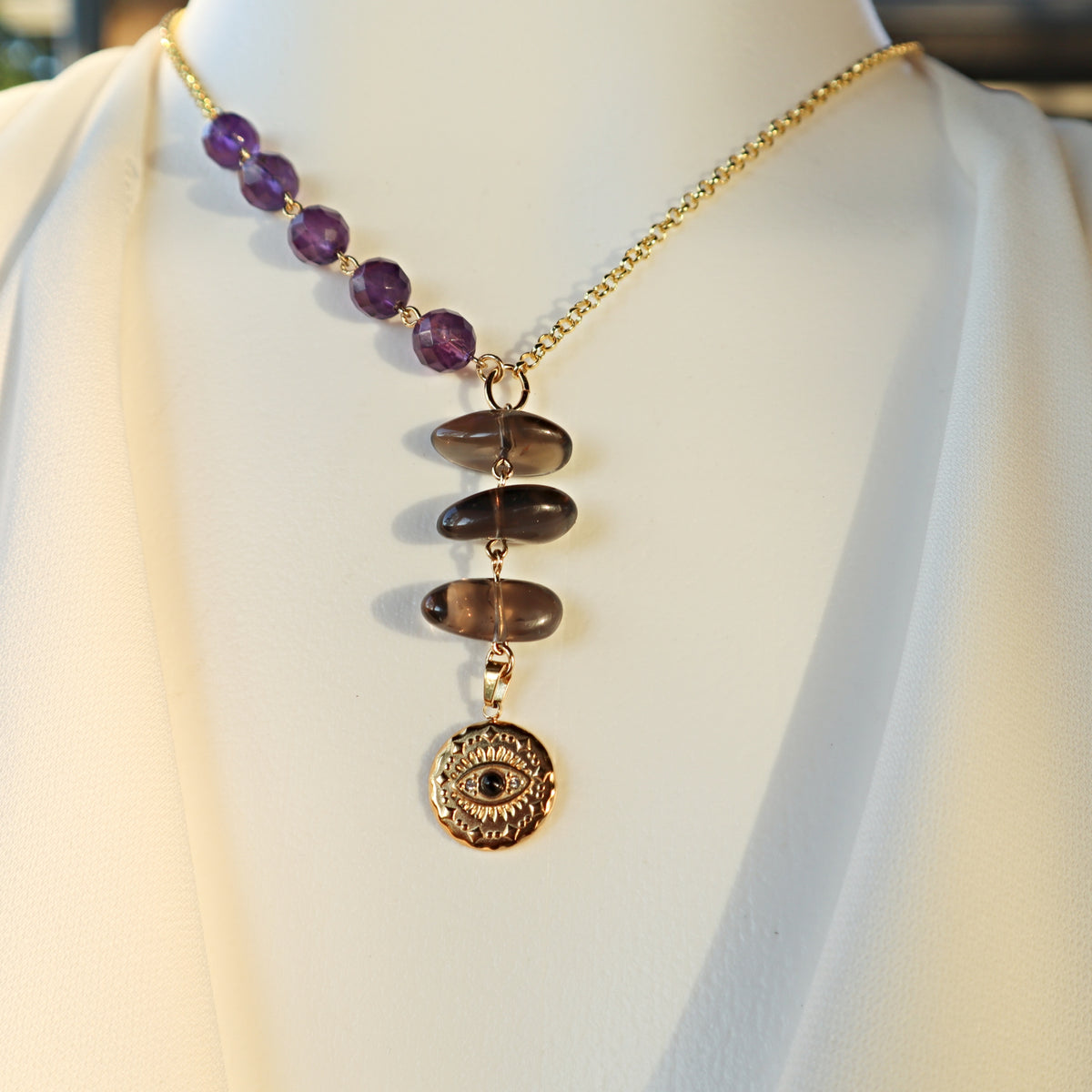 evil eye with amethyst and smoky quartz necklace