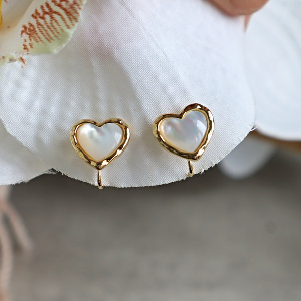 Shiny Mother-of-Pearl Heart Clip-on-Earrings 14k Gold Plated