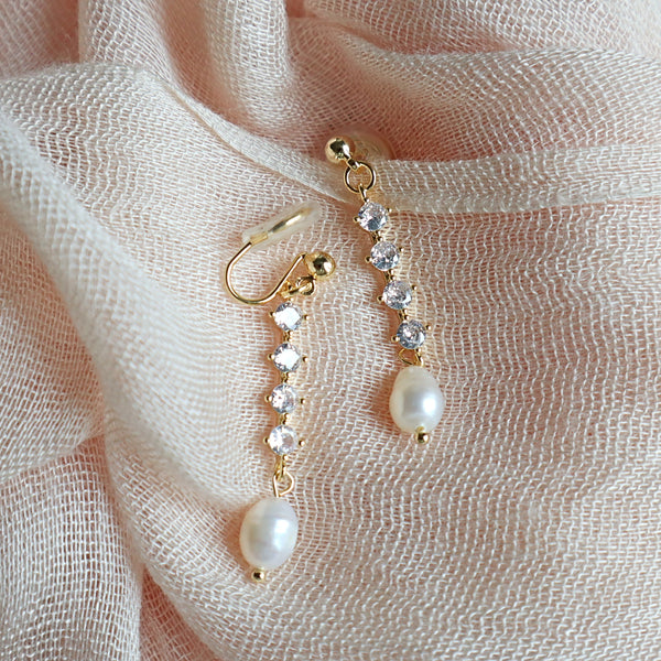 Pearl and cubic zirconia long dangle invisible clip on earrings