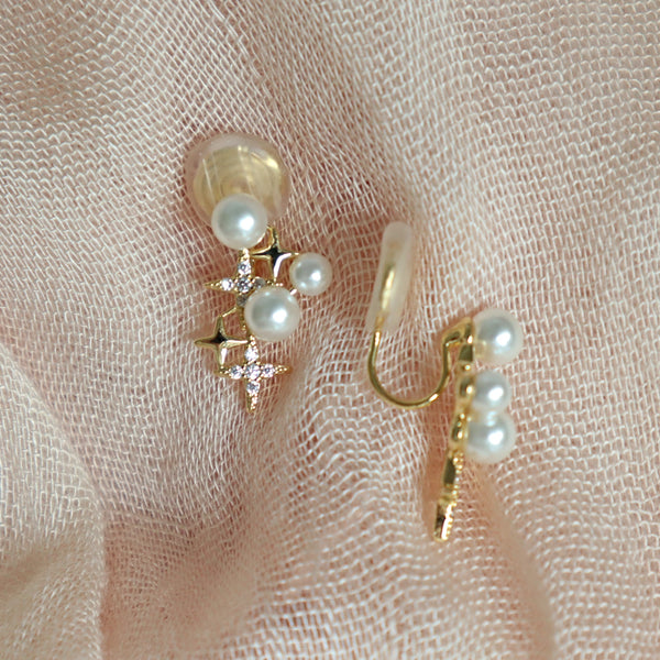 Pearl Four Pointed North Star Clip on Stud Earrings