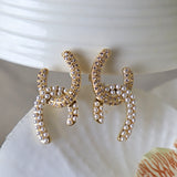 U shape arc link horseshoe clip on earrings with pearls and crystals 