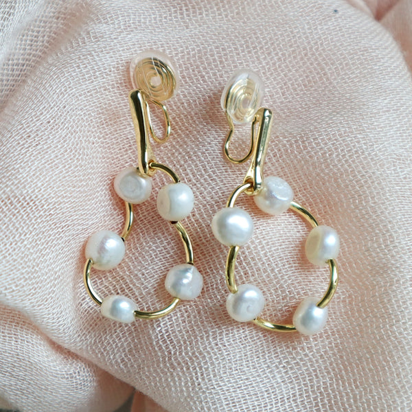 Pearls Hoop Clip on Dangle Earrings