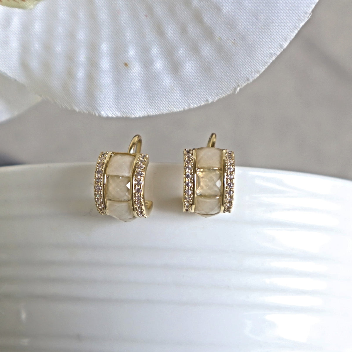 opal huggie hoop clip on stud earrings