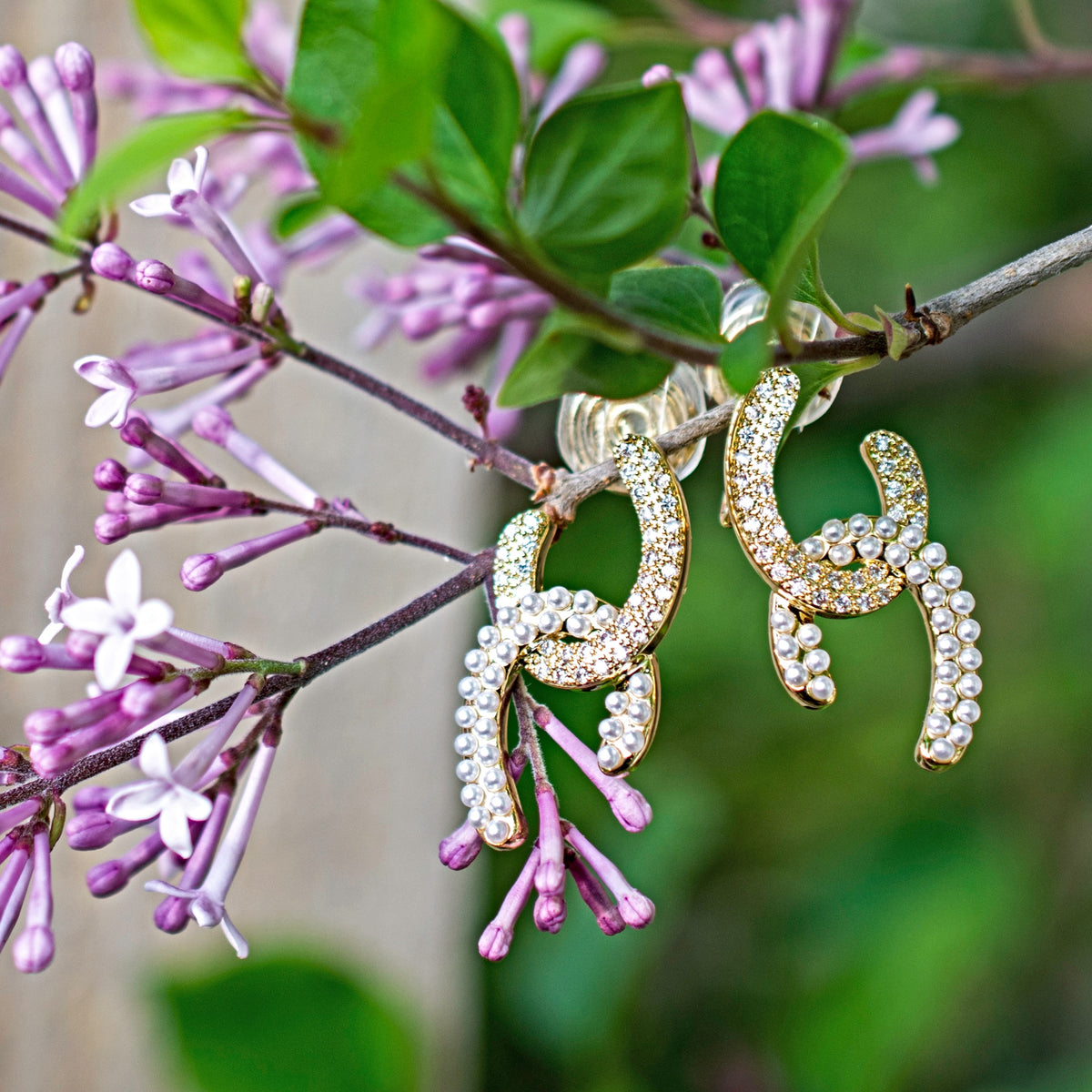 U shape arc double link clip on earrings with pearls and crystals 